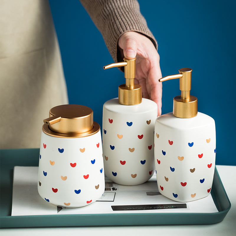 Ceramic Soap Dispenser, Liquid Soap Pump Bottle, Colorful Heart Dot Texture - view 2