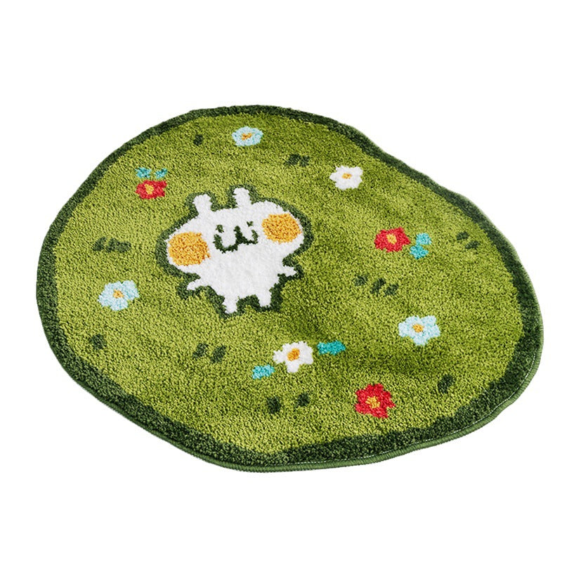 Feblilac Cute Rabbit Bath Mat, Cartoon Green Garden Flower Rug for Bathroom