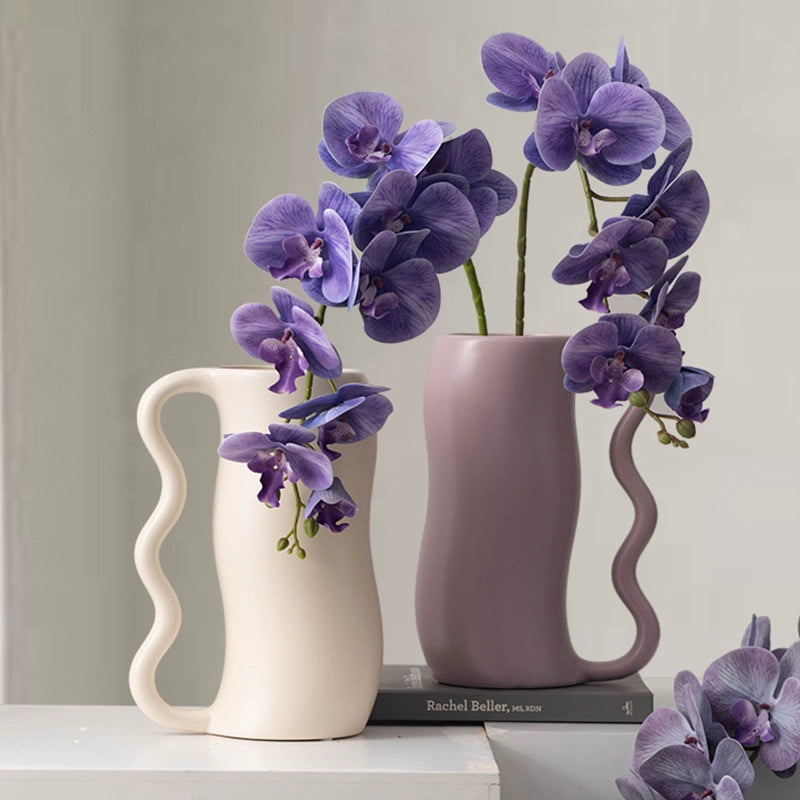 Feblilac Modern Wave Handle Ceramic Vase Ornament Creative Living Room Flower Arrangement Exquisite Home Decor