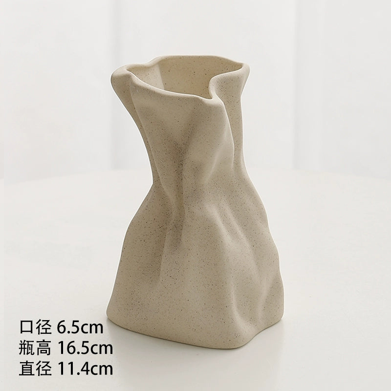 Feblilac Cream Wind Vase Ornament, Living Room Flower Arrangement, High-end Ceramic, White Light Luxury Folds, - view 25