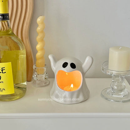 Feblilac Cute Ghost Ceramic Candle Holder Ornament Dining Table Scented Candle Holder Halloween Photo Decoration Props