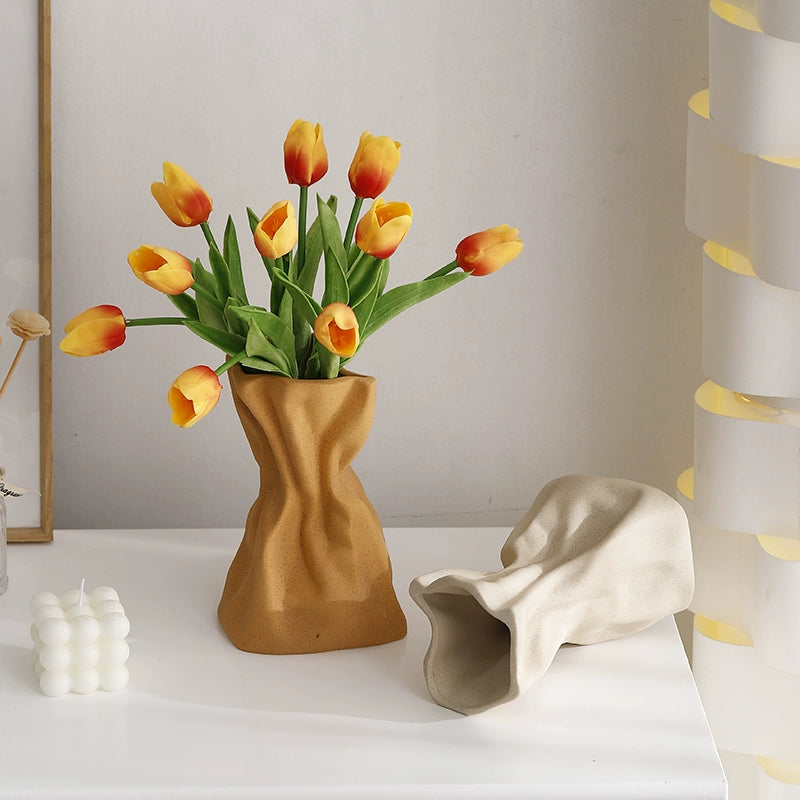 Feblilac Cream Wind Vase Ornament, Living Room Flower Arrangement, High-end Ceramic, White Light Luxury Folds, - view 3