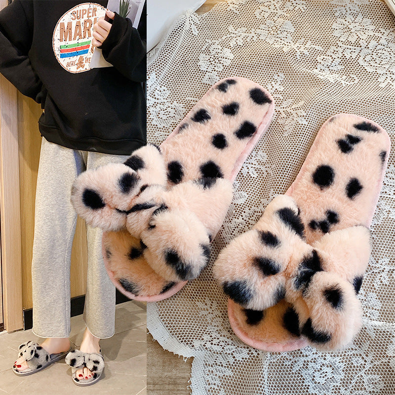 Pink Leopard Pattern Fluffy Slippers, Cute Mules