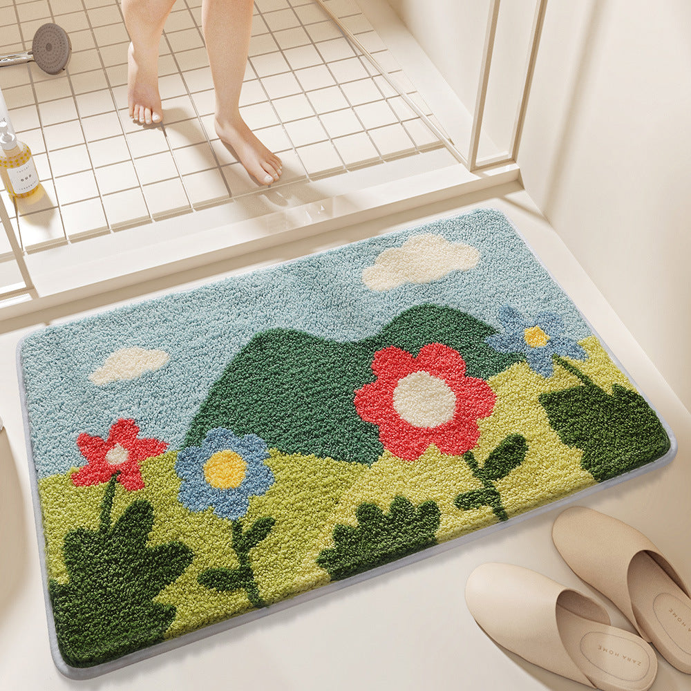 Feblilac Colorful Flowers and Green Mountains Tufted Bath Mat