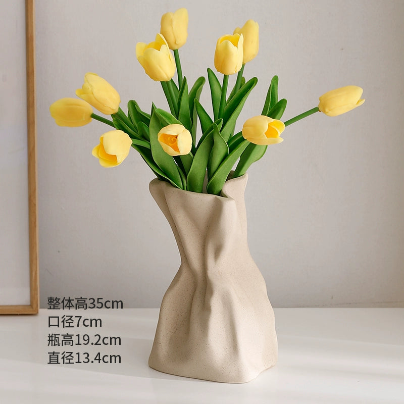 Feblilac Cream Wind Vase Ornament, Living Room Flower Arrangement, High-end Ceramic, White Light Luxury Folds, - view 32