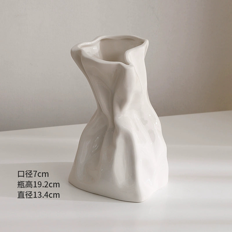 Feblilac Cream Wind Vase Ornament, Living Room Flower Arrangement, High-end Ceramic, White Light Luxury Folds, - view 27
