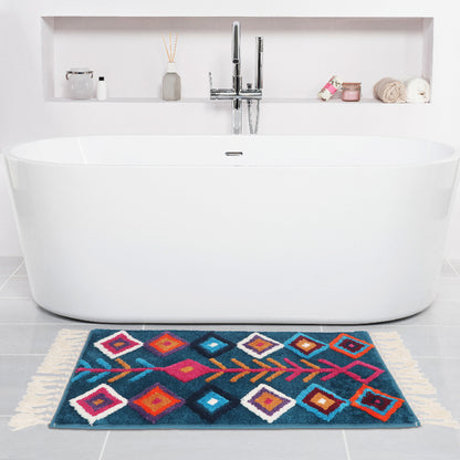 Bohemian Tassel Bath Mat, Tropical Geometry Style Rug for Bathroom