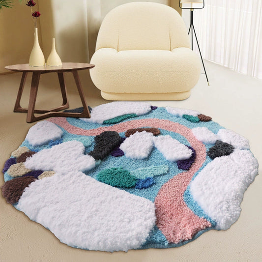 Feblilac Round Blue Island Tufted Bath Mat