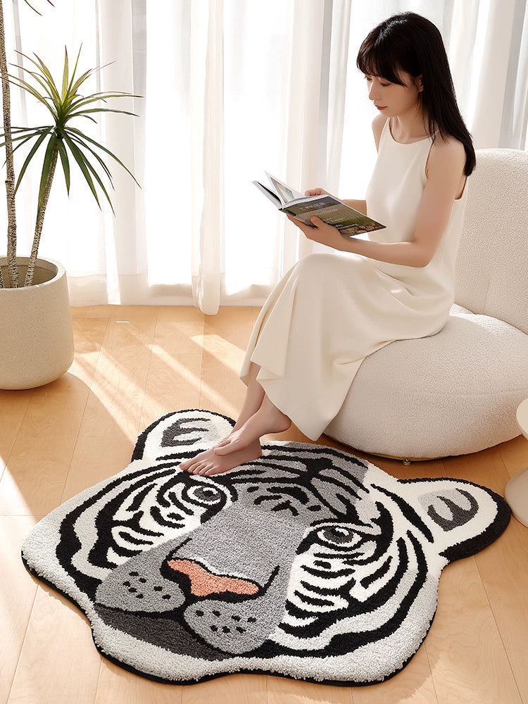 Feblilac White Tiger Head Handmade Tufted Acrylic Livingroom Carpet Area Rug