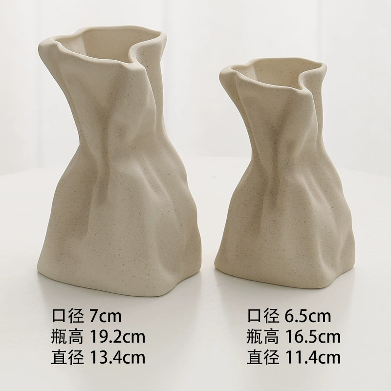 Feblilac Cream Wind Vase Ornament, Living Room Flower Arrangement, High-end Ceramic, White Light Luxury Folds, - view 33
