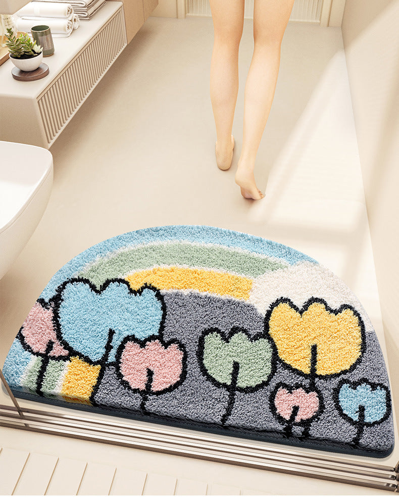 Feblilac Semicircle Rainbow and Flowers Tufted Bath Mat