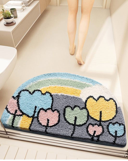 Feblilac Semicircle Rainbow and Flowers Tufted Bath Mat