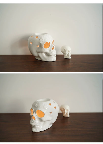 Feblilac Halloween Romantic Skull Candle Holder Relief Hollow Shape Ceramic Aromatherapy Candlestick Home Decoration