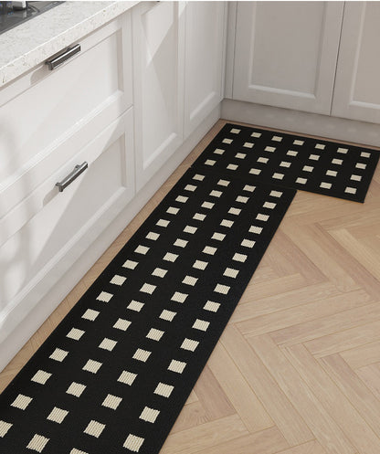 Feblilac Black Background Plaid Kitchen Mat, Waterproof and Oil-proof Carpet, Leave-in Washable, Wipeable, Long Strip, Non-slip, Dirt-resistant and Wear-resistant Mat, Foot Pad At The Door