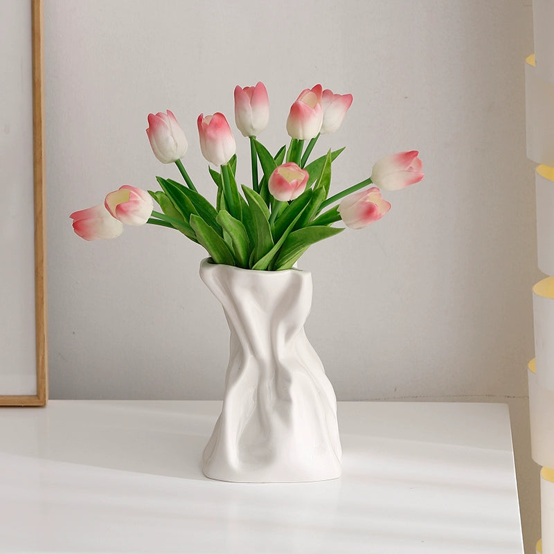 Feblilac Cream Wind Vase Ornament, Living Room Flower Arrangement, High-end Ceramic, White Light Luxury Folds, - view 4