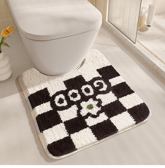 Feblilac Good Black and White Squares Tufted Bathroom Mat Toilet U-Shaped Floor Mat