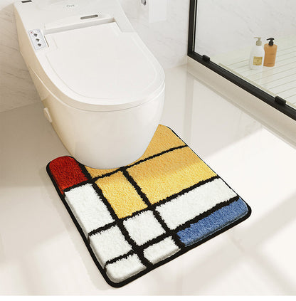 Feblilac Three Primary Colors Rectangle Tufted Bathroom Mat Toilet U-Shaped Floor Mat