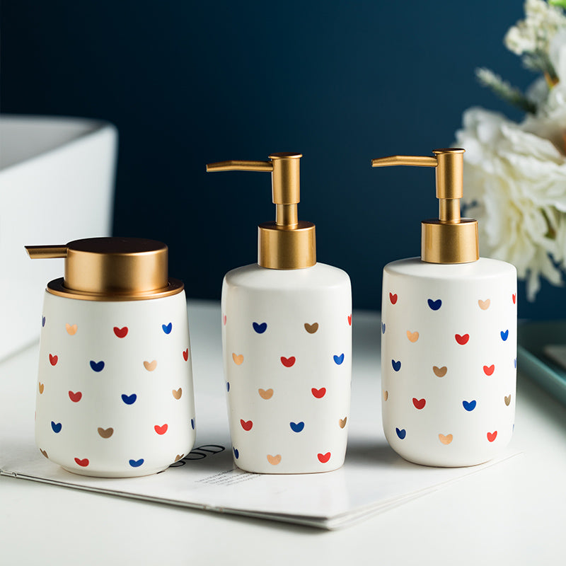 Ceramic Soap Dispenser, Liquid Soap Pump Bottle, Colorful Heart Dot Texture