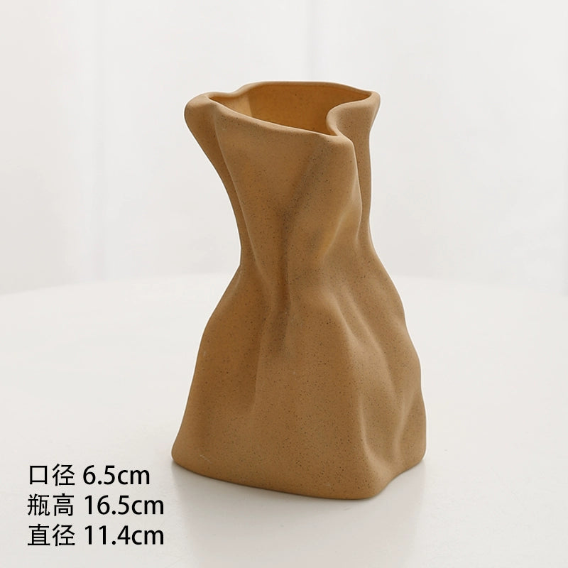 Feblilac Cream Wind Vase Ornament, Living Room Flower Arrangement, High-end Ceramic, White Light Luxury Folds, - view 26