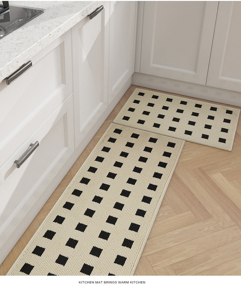 Feblilac White Background Plaid Kitchen Mat, Waterproof and Oil-proof Carpet, Leave-in Washable, Wipeable, Lon