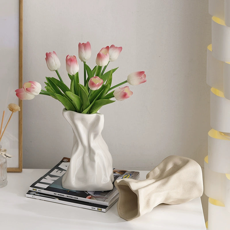 Feblilac Cream Wind Vase Ornament, Living Room Flower Arrangement, High-end Ceramic, White Light Luxury Folds, - view 2