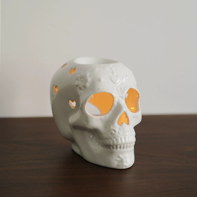 Feblilac Halloween Romantic Skull Candle Holder Relief Hollow Shape Ceramic Aromatherapy Candlestick Home Decoration