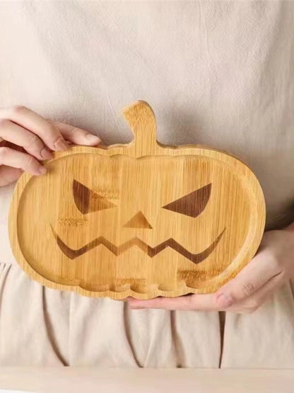 Feblilac Halloween Décor Pumpkin Plate Halloween Wooden Pumpkin Ghost Tray Dinner Plate Home Kitchen Set