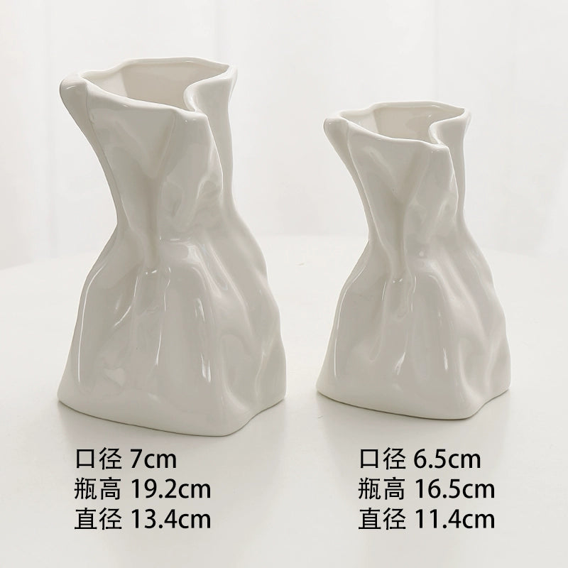 Feblilac Cream Wind Vase Ornament, Living Room Flower Arrangement, High-end Ceramic, White Light Luxury Folds, - view 34