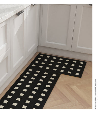 Feblilac Black Background Plaid Kitchen Mat, Waterproof and Oil-proof Carpet, Leave-in Washable, Wipeable, Long Strip, Non-slip, Dirt-resistant and Wear-resistant Mat, Foot Pad At The Door