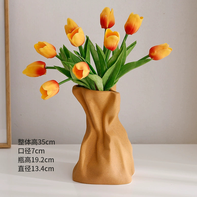 Feblilac Cream Wind Vase Ornament, Living Room Flower Arrangement, High-end Ceramic, White Light Luxury Folds, - view 31