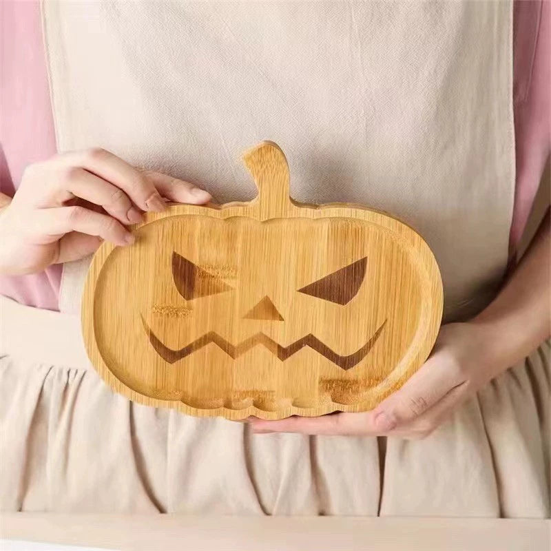 Feblilac Halloween Décor Pumpkin Plate Halloween Wooden Pumpkin Ghost Tray Dinner Plate Home Kitchen Set