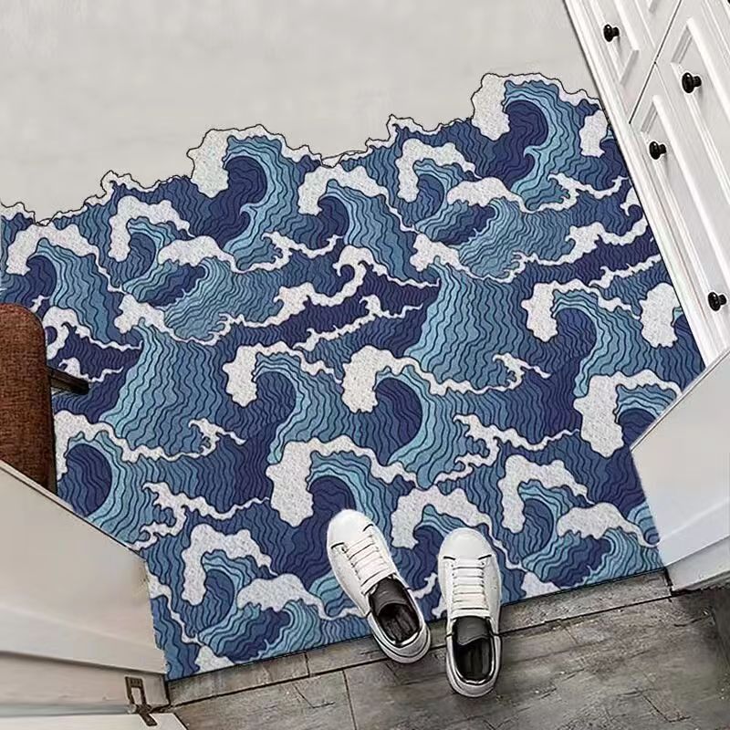 Feblilac Japanese Blue Wave Entrance Door Mat, Ukiyoe Art Doorway PVC Rug