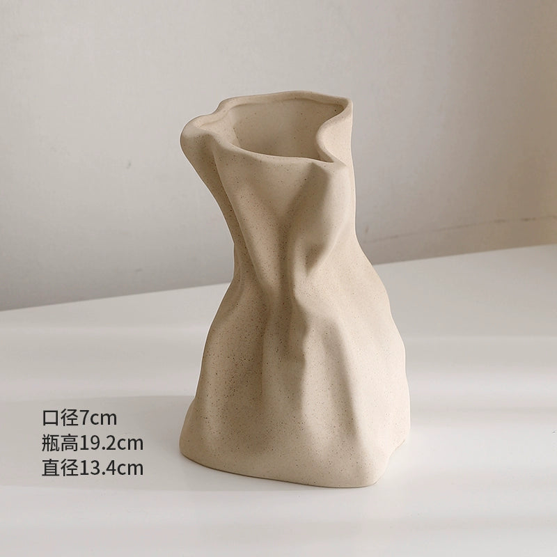 Feblilac Cream Wind Vase Ornament, Living Room Flower Arrangement, High-end Ceramic, White Light Luxury Folds, - view 28
