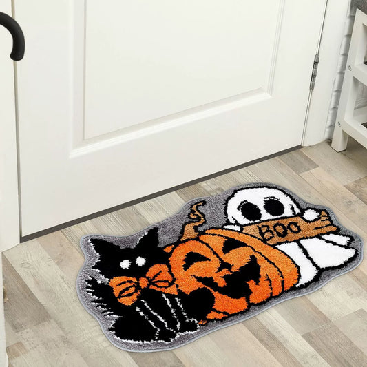 Feblilac Halloween Funny Boo Cat Pumpkin Holiday Decoration Gift Tufted Bath Mat