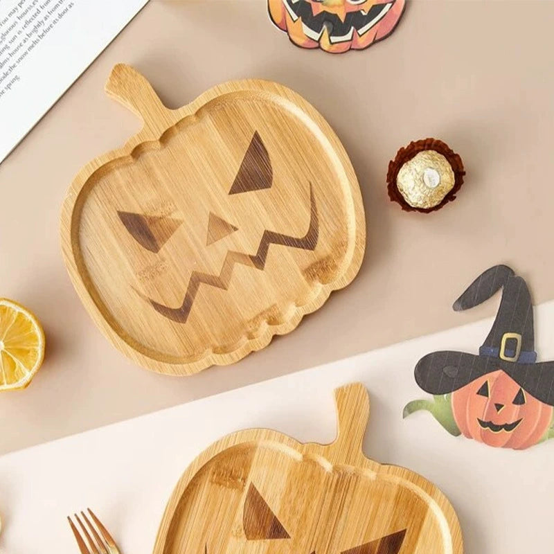 Feblilac Halloween Décor Pumpkin Plate Halloween Wooden Pumpkin Ghost Tray Dinner Plate Home Kitchen Set