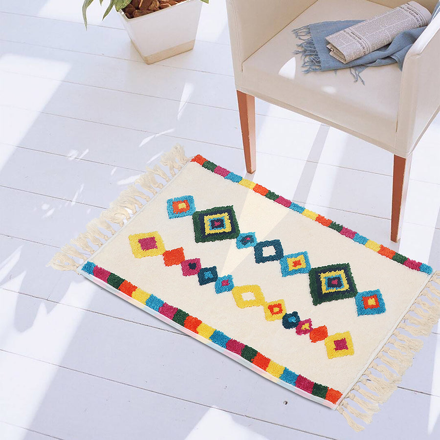 Bohemian Tassel Bath Mat, Tropical Geometry Style Rug for Bathroom - view 3