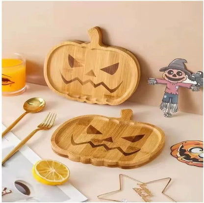 Feblilac Halloween Décor Pumpkin Plate Halloween Wooden Pumpkin Ghost Tray Dinner Plate Home Kitchen Set