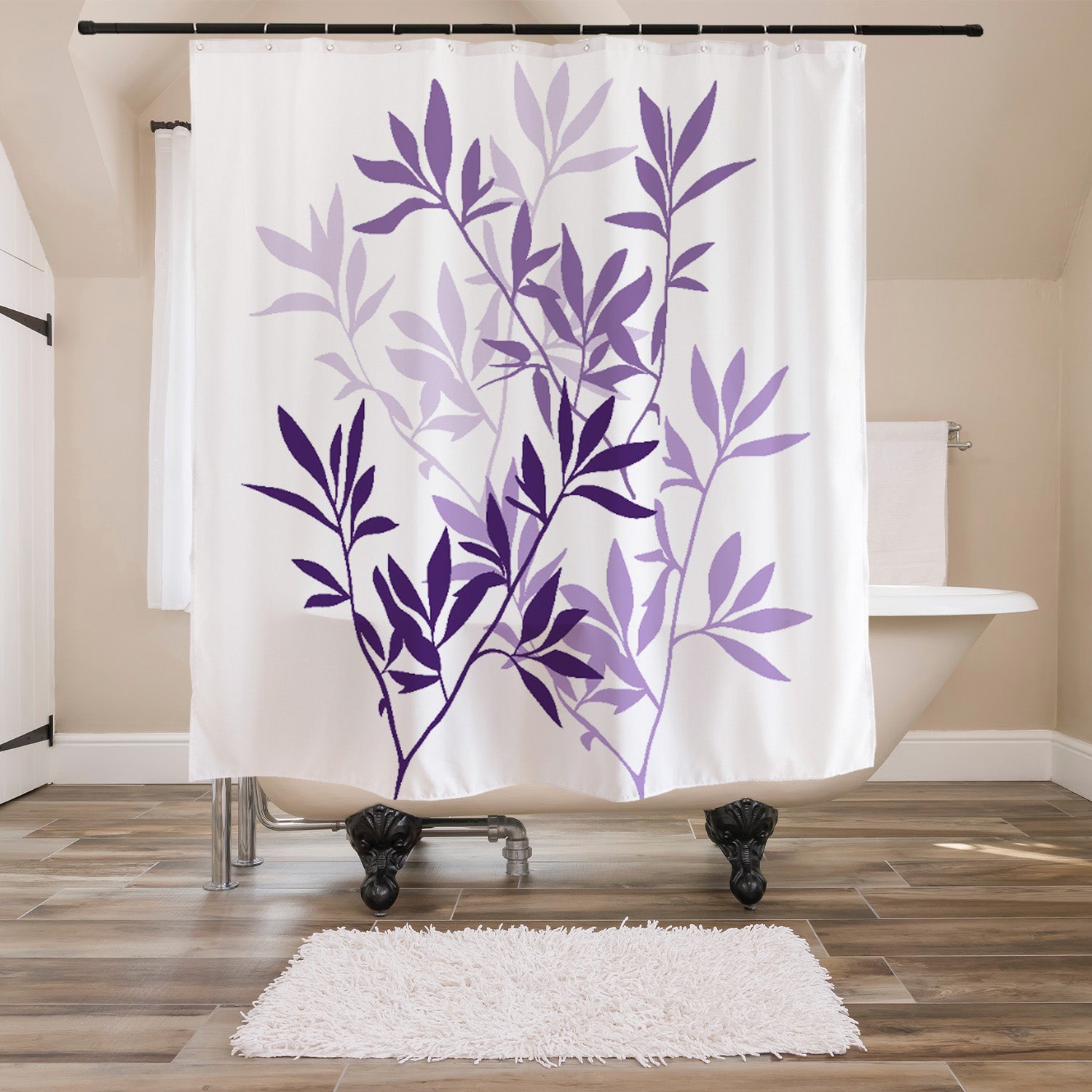 Bamboo Leaves Shower Curtain, Black and White, Green, Blue - view 9