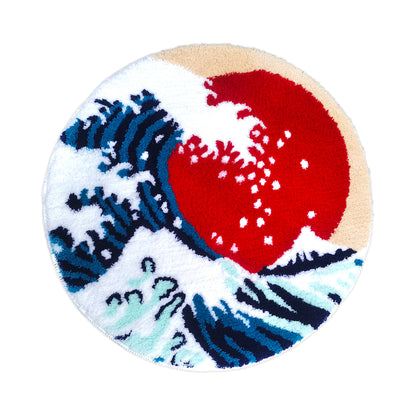 Feblilac Round Ukiyoe Waves Sunset Tufted Bath Mat