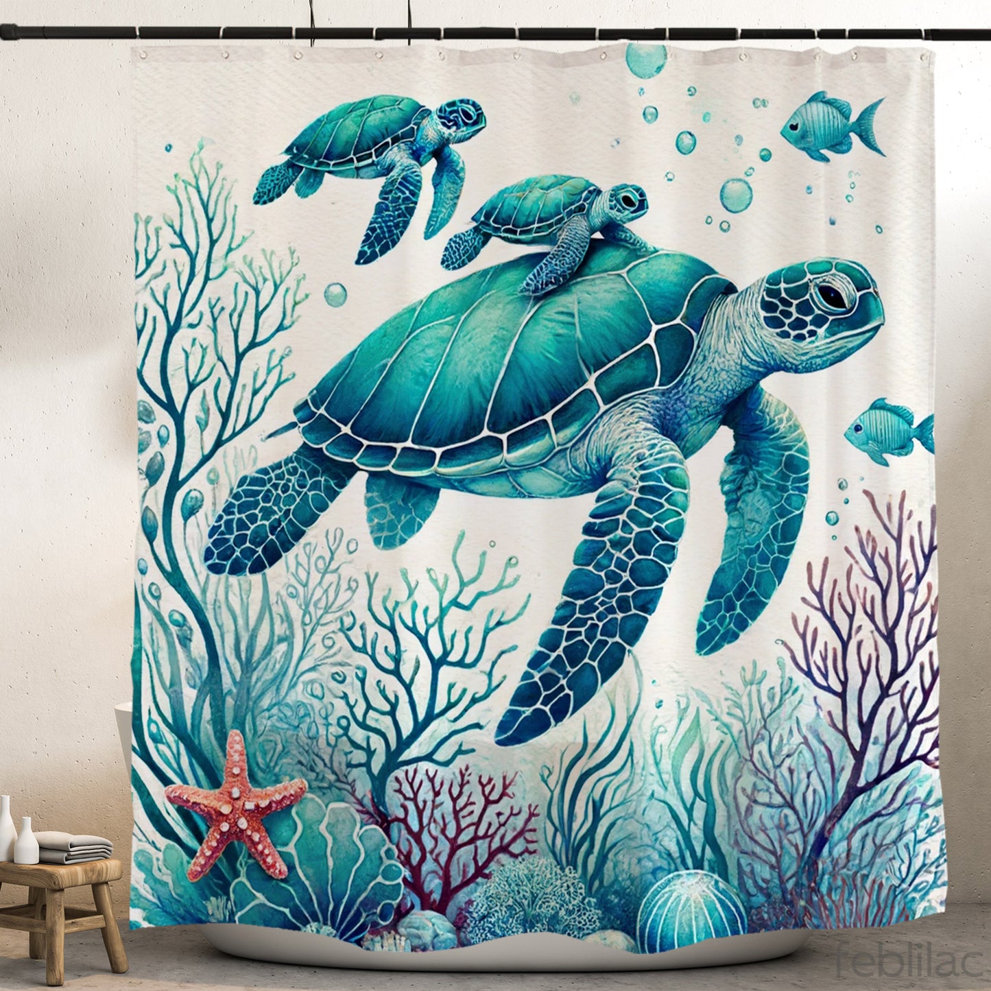 Feblilac Sea Turtle Mother and Child Watercolor Shower Curtain with Hooks