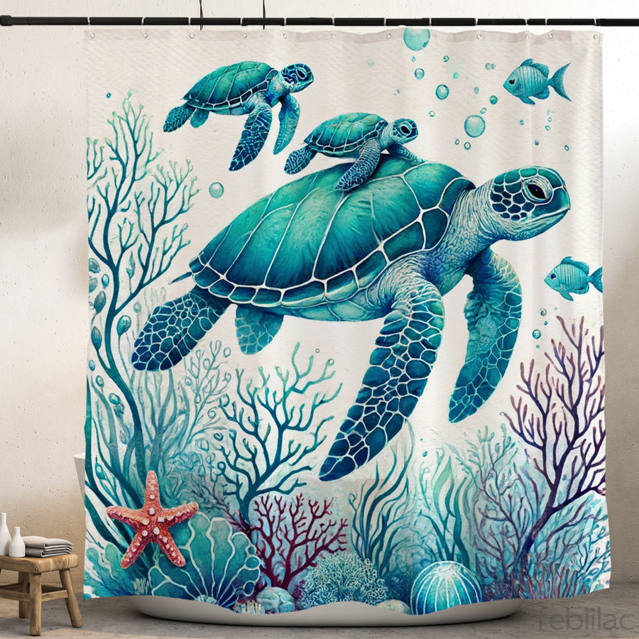 Feblilac Sea Turtle Mother and Child Watercolor Shower Curtain with Hooks