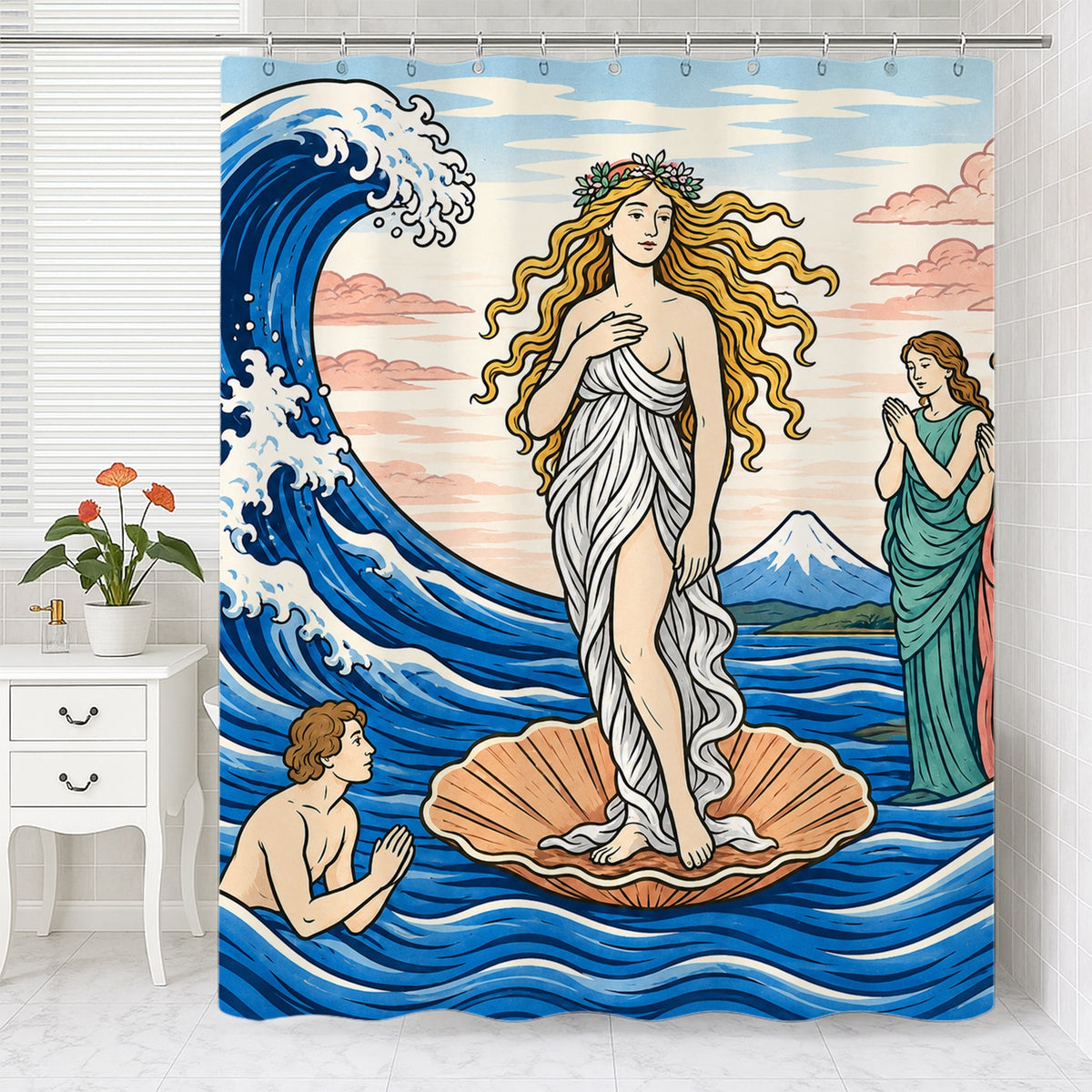 Feblilac Venus and Waves Shower Curtain