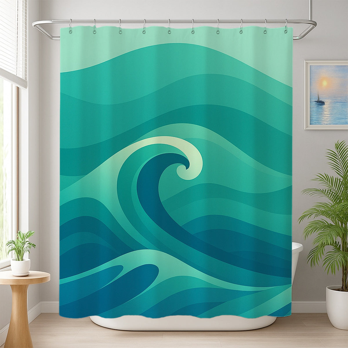 Feblilac Green Waves Shower Curtain