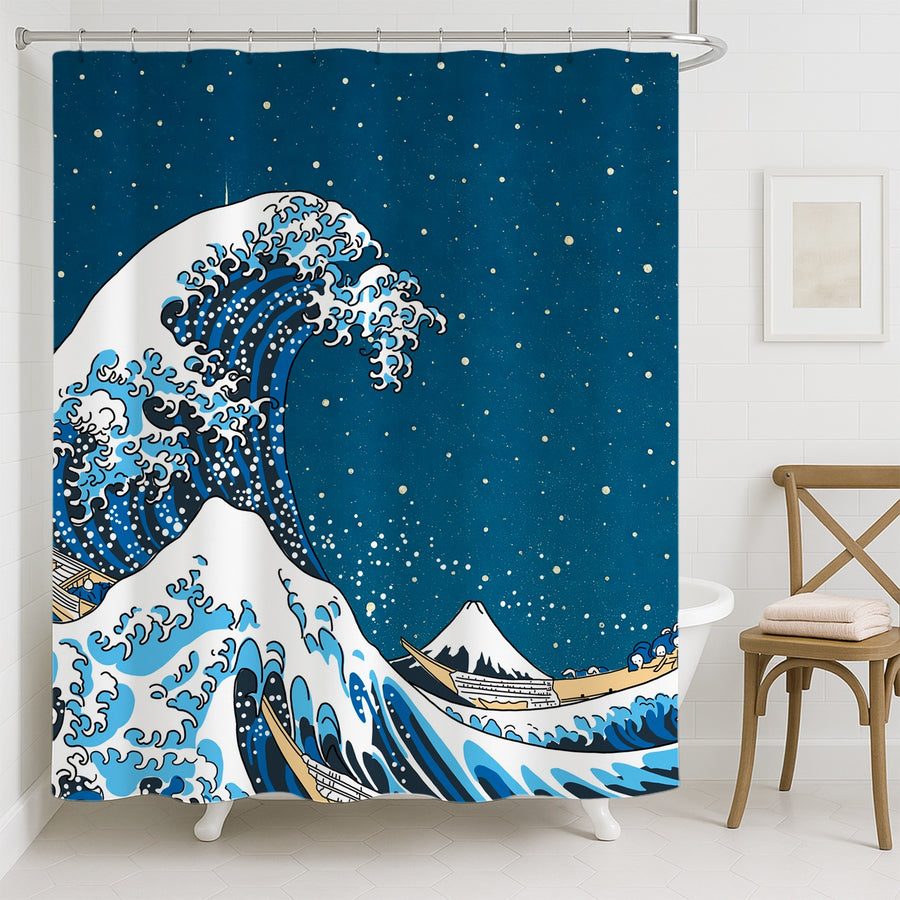 Feblilac Great Wave and Starry Sky Shower Curtain