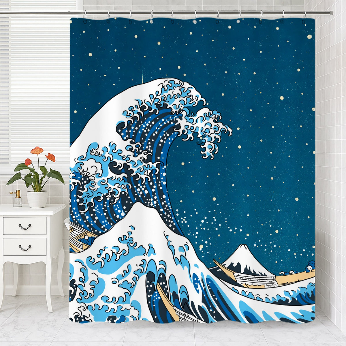 Feblilac Great Wave and Starry Sky Shower Curtain