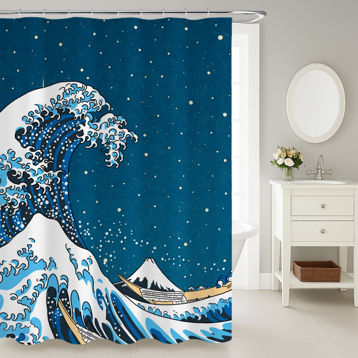 Feblilac Great Wave and Starry Sky Shower Curtain