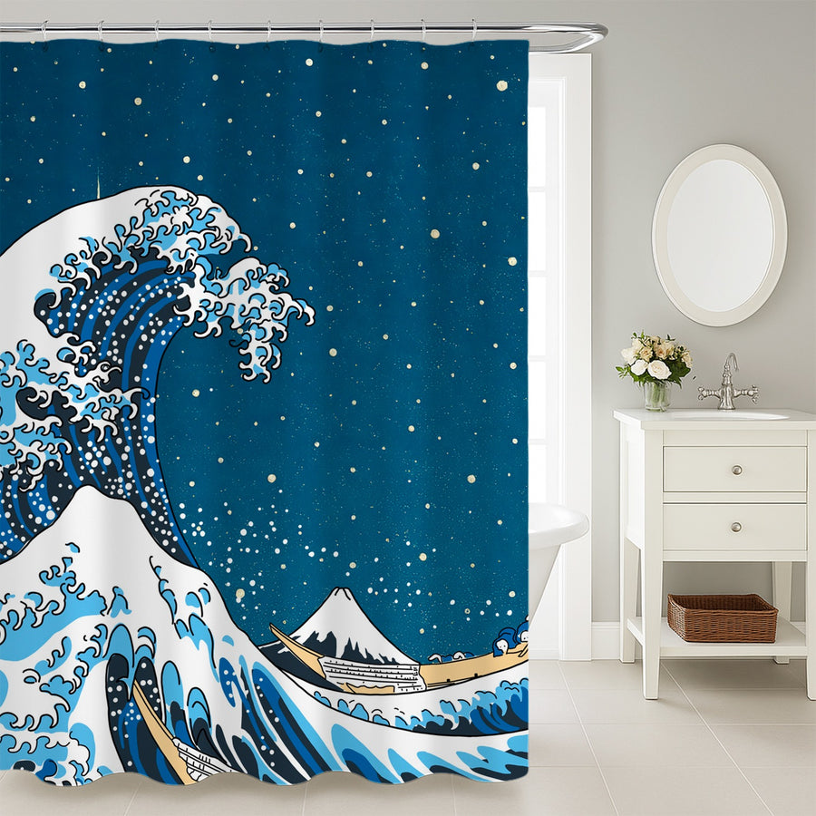 Feblilac Great Wave and Starry Sky Shower Curtain