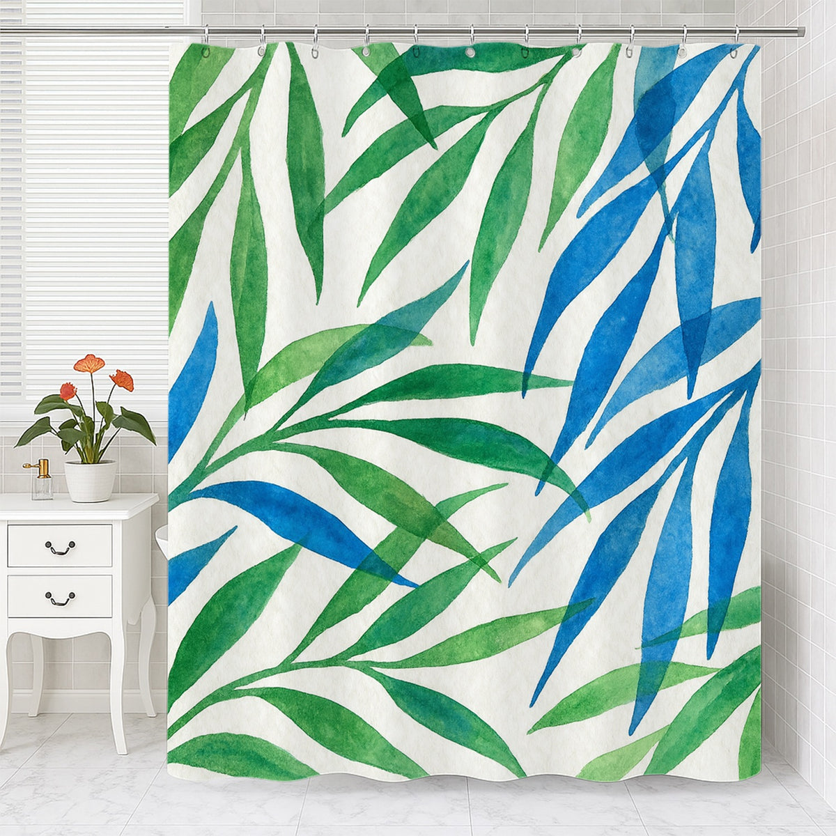 Feblilac Blue and Green Willow Leaves Shower Curtain