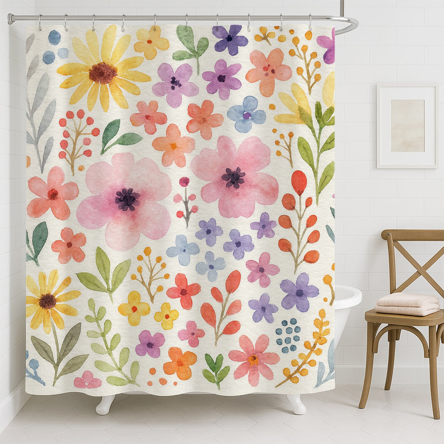 Feblilac Watercolor Flowers and Leaves Shower Curtain
