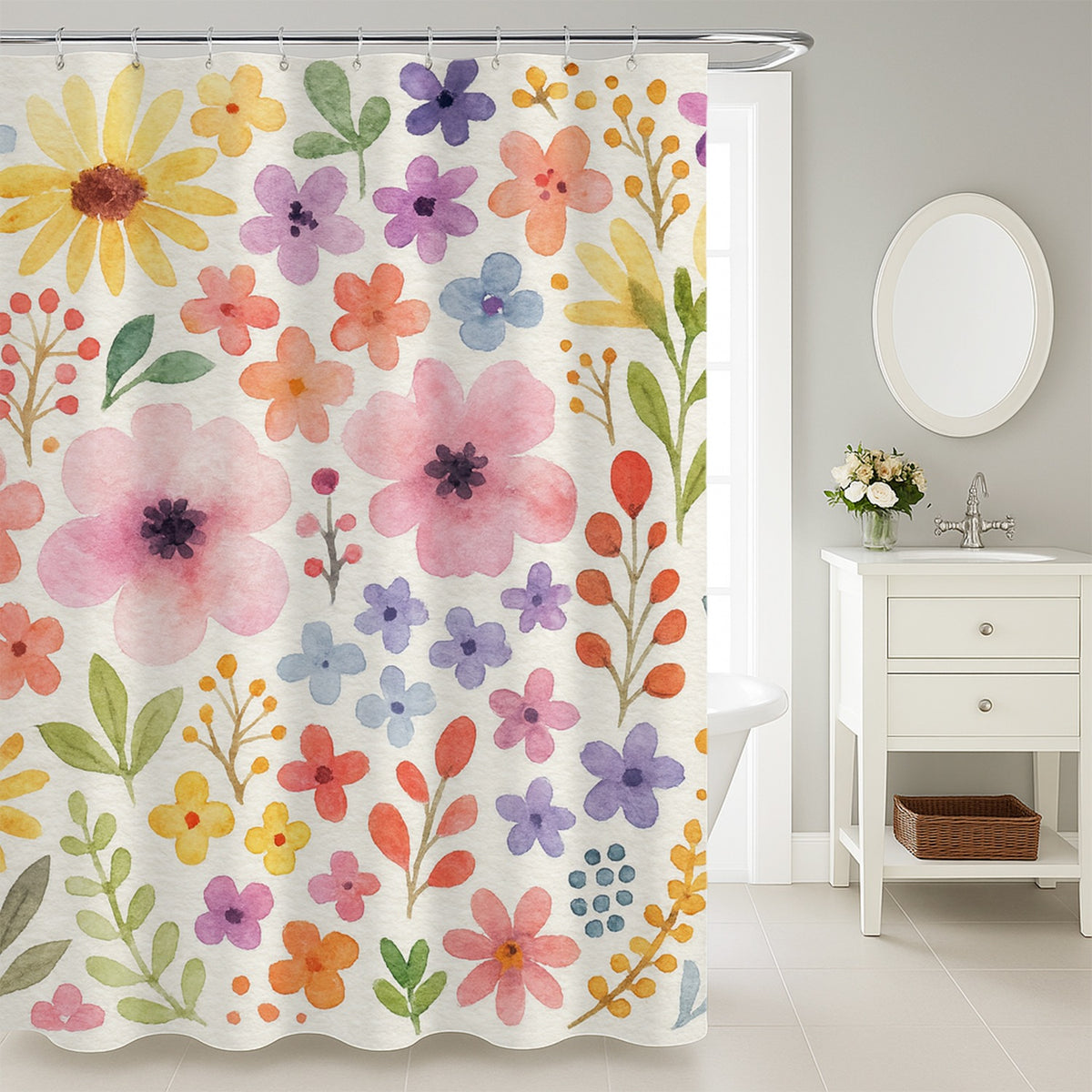 Feblilac Watercolor Flowers and Leaves Shower Curtain